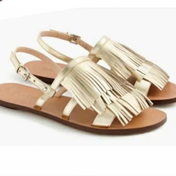 J. Crew Gold Leather Fringe Sandal 9 Festival Resort Boho Preppy Euro Summer - Picture 1 of 11